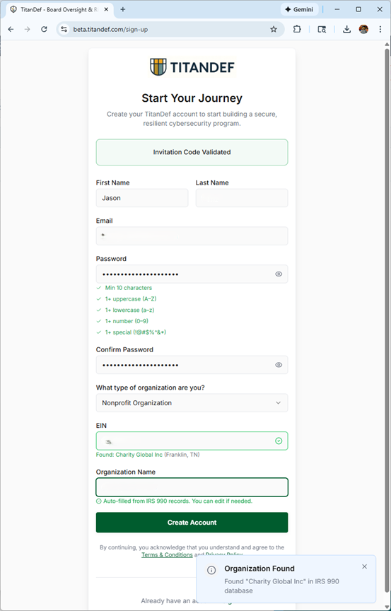 TitanDef onboarding step 02: Create your account screenshot